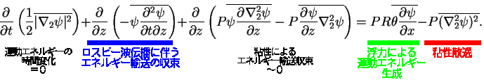 \begin{displaymath}
\DP{}{t}\left(\frac{1}{2}\overline{\vert\Dgrad\psi\vert^2}\...
...R\overline{\theta\DP{\psi}{x}} -P\overline{(\Dlapla\psi)^2}.
\end{displaymath}