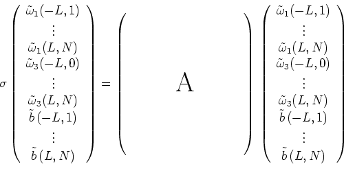 \begin{displaymath}\sigma \left(
\begin{array}{c}
\tilde{\omega }_1(-L,1) \\
\v...
...\,(-L,1) \\
\vdots \\
\tilde{b}\,(L,N) \\
\end{array}\right)\end{displaymath}